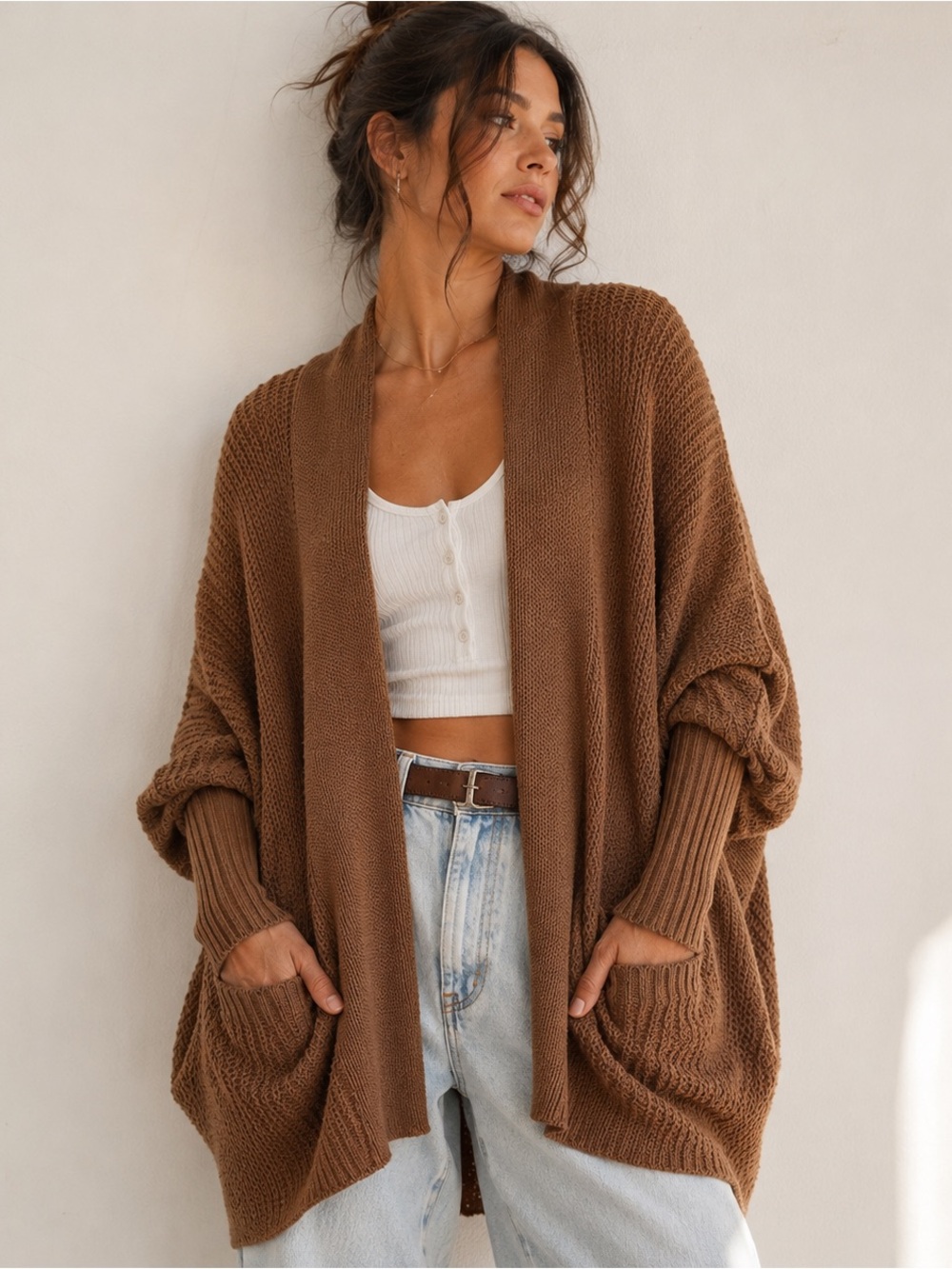 NWT Miracle USA Open Front Cardigan Brown Cotton Blend Womens M/L Lagenlook